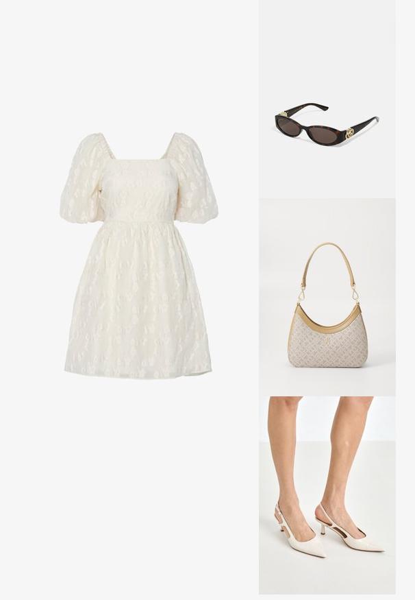 Vestido blanco de manga abullonada con escote cuadrado, que presenta un bordado floral texturizado y una cintura fruncida, confeccionado en una tela ligera.; Tacones slingback de charol beige con punta afilada y un tacón de 5 cm, con lados recortados y una delgada correa en el tobillo.; Gafas de sol carey con lentes ovalados alargados, tintado marrón, acentos de logo dorado en las patillas y brazos negros elegantes.; Bolso de mano beige con un patrón y forma curva, acentos de cuero y un logo tono dorado en la parte frontal. Cuenta con un asa corta para un fácil transporte.