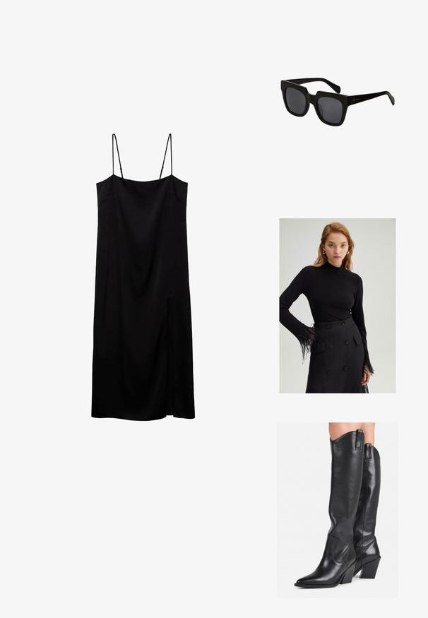 Rochie midi fără mâneci, de culoare neagră, cu bretele subțiri ajustabile și o deschidere frontală pe partea dreaptă, prezentată pe un fundal alb.; Top negru cu maneci lungi, cu guler înalt și accente de pene pe mansete, asortat cu o fustă neagră cu talie înaltă, prevăzută cu nasturi mari.; Cizme negre din piele, până la genunchi, cu vârf ascuțit, ioni curbat și toc masiv. Au o textură netedă și bucle pentru a fi trase pe sus.; Ochelari de soare negri, cu lentile rectangulare și rame groase din plastic. Brațele sunt elegante, cu un finisaj lucios și un branding minim.; Geantă de mână din piele neagră, cu un design curbat, accesorii de culoare aurie și un mâner de sus. Dispune de o închidere elegantă și o textură netedă.