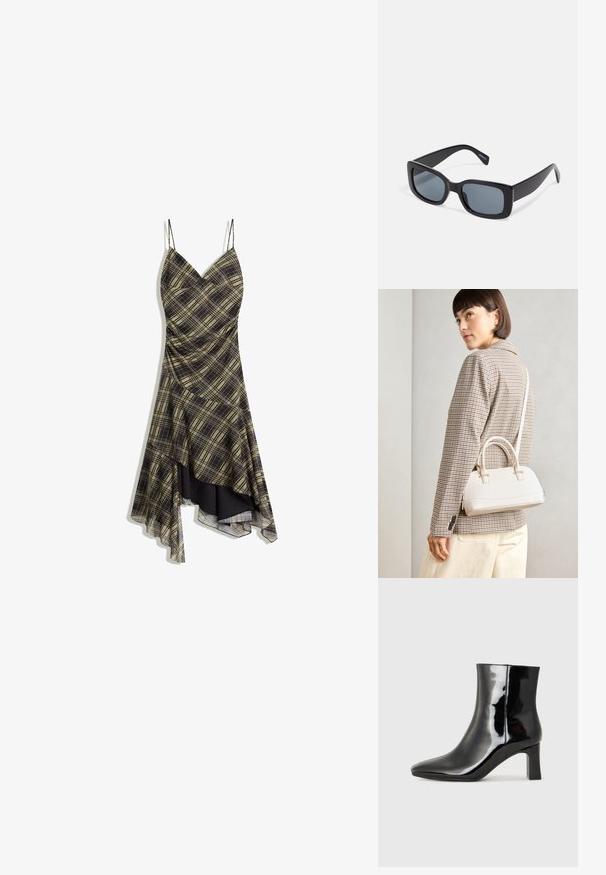 Black and yellow plaid dress with spaghetti straps, a V-neck, and an asymmetrical hem, featuring a sheer overlay and gathered texture.; Black patent leather ankle boot with a pointed toe and a mid-height block heel. Smooth texture and minimalist design.; Black rectangular sunglasses with dark tinted lenses, thick plastic frame, and wide temples. Smooth surface and angular design.; White structured handbag with short handles and a shoulder strap, featuring gold hardware accents and textured material, displayed against a grey background.