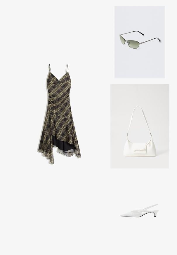 Rochie în carouri negre și galbene, cu bretele subțiri, decolteu în V și margine asimetrică, având un overlay transparent și textură plisată.; Sandale albe cu toc slingback și vârf ascuțit, având un upper neted, decupaje subtile și un toc bloc mic. Talpa neagră accentuează designul.; Ochelari de soare metalici cu lentile verzi alungite, ramă subțire de argint și vârfuri de templu negre. Dispune de pernuțe mici pentru confort.; Geantă sintetică albă, cu formă triangulară, capac frontal plat și detaliu cu fundă, curea ajustabilă, textură netedă și design minimalist.