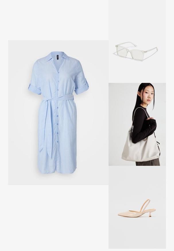 Vestido camisola riscado em azul claro, com colarinho, frente com botões, mangas curtas enroladas e laço na cintura. Tecido de algodão com textura suave.; Saltos slingback em couro sintético bege com bico apontado e um salto quadrado fino. Textura suave e design minimalista sem embellishments.; Óculos quadrados de plástico transparente com lentes translúcidas, apresentando detalhes em dourado nas hastes.; Uma bolsa bege feita de material macio, com um design descontraído, detalhes de costura e duas alças para o ombro. Adequada para uso diário.