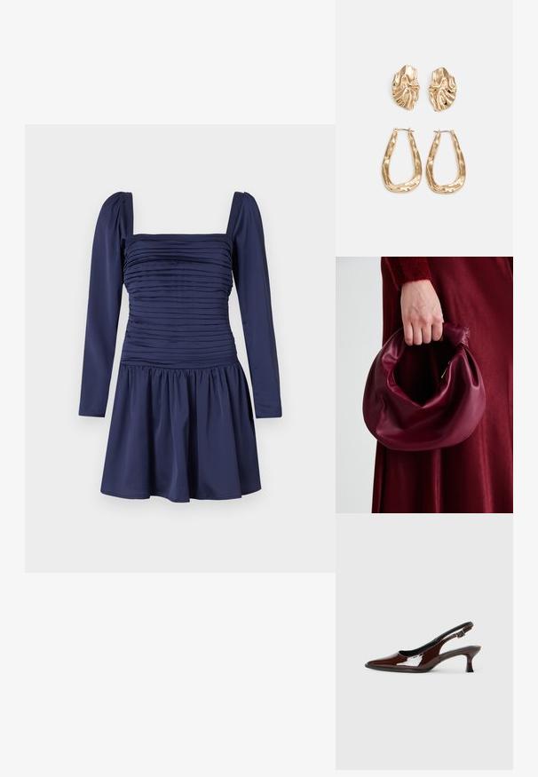 Tumši zila kleita ar garām pūkainām piedurknēm, saburzītu krūšu daļu un savāktu svārku. Gluda auduma struktūra ar izteiktu kvadrātveida dekoltē.; Brūnas patentētas ādas sprauga kurpes ar norādītu pirkstu un mērenu papēdi. Aprīkotas ar sprādzi, lai nodrošinātu drošu fit. Gluda tekstūra.; Burgundijas ādas rokassoma ar mīkstu, sakrautu dizainu un apaļu formu. Rokturi ir nostiprināti, parādot gludu tekstūru.; Zelta krāsas auskari ar teksturētām, viļņotām formām. Iekļauts skulpturāls piespraužams modelis un atvērta gredzenveida konstrukcija ar izsistām virsmām.