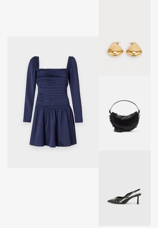 Tengerészeti kék ruha hosszú puffos ujjakkal, ráncolt felsőrésszel és redőzött szoknyával. Simaságot biztosító anyag, jól megformált négyzet alakú dekoltázs.; Fekete lakk bőr, hegyes orrú slingback cipő, boka pántokkal, ezüst csatokkal és hardverelemekkel, valamint karcsú sarkú.; Fekete krokodilbőr hatású kézitáska ívelt formával, levehető vállpánttal és egy elegáns fém díszítéssel az elején.; Aranyszínű fém fülbevalók sima, lekerekített háromszög alakúak, tűs hátlappal; tükröződő felület minimális díszítéssel.