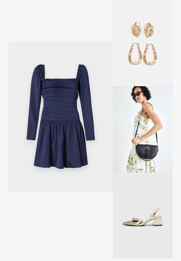 Robe bleu marine avec de longues manches bouffantes, buste froncé et jupe plissée. Tissu lisse avec un décolleté carré structuré.; Talons aiguilles dorés métalliques avec un bout pointu et un talon épais. Texture lisse, design minimaliste et une fine bride.; Sac à main en cuir noir avec une forme courbée, bandoulière amovible et des accessoires en or. Le sac est doté d'un rabat avec un détail de boucle.; Boucles d'oreilles dorées présentant des formes texturées et ondulées. Comprend des clips sculpturaux et un design de créoles ouvertes avec une finition martelée.
