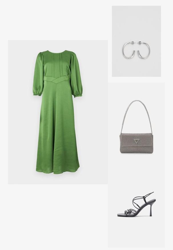 Green long-sleeve dress made of smooth fabric, featuring a fitted bodice with pleats and a flared skirt. Puff sleeves with elastic cuffs.; Black high-heeled sandals feature thin straps with a knotted design, a smooth square toe, and a sleek stiletto heel.; Light gray metallic handbag featuring a chain strap, embellished with small circular metallic studs and a triangular brand logo.; Silver hoop earrings with a smooth, shiny finish. Rounded shape, lightweight design, featuring a post-back closure.