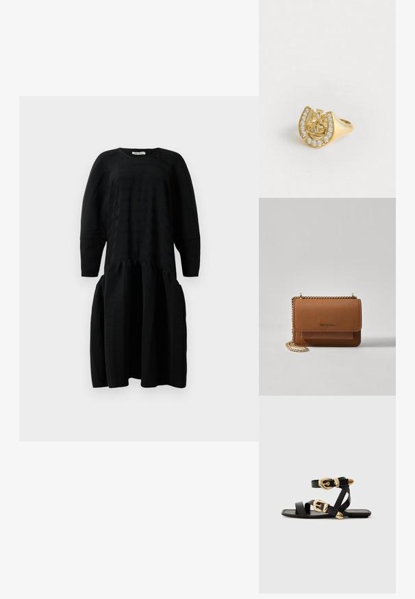 Juodas tekstūruotas midi suknelė su ilgomis rankovėmis, susirinkusia liemeniu ir apvaliu iškirpimu, pateikta baltame fone.; Juodos odinės šlepetės su auksiniais sagtelėmis, turinčios daugybę dirželių ir plokščią padą, skirtos atviriems pirštams.; Ruda tekstūruota odinė per petį nešama rankinė su auksiniu grandininiu dirželiu ir užlenkiamo užsegimo. Priekinėje pusėje yra logotipo detalė ir kišenė po užlenkimu.; Aukso žiedas su karūnos dizainu viduje arkadijos, papuoštas mažomis skaidriomis brangakmenių, baltame fone.