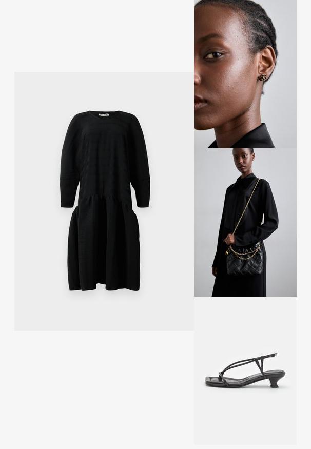 Črna midi obleka z dolgimi rokavi, nabranim pasom in okroglo izrezo, prikazana proti belemu ozadju.; Črne usnjene sandale s tankimi trakovi, nizko blok peto in kvadratnim nosom. Značilnosti vključujejo sponko in gladko teksturo.; Črna prešita usnjena torbica z nabranim vrhom, zlatim verižnim naramnikom in pravokotno obliko, držana na enolični podlagi.; Zlati cvetni uhani s teksturiranim črnim središčem in nežnimi detajli. Omenjen model ima jasno kožo in spletene lase, kar je vidno v profilu.
