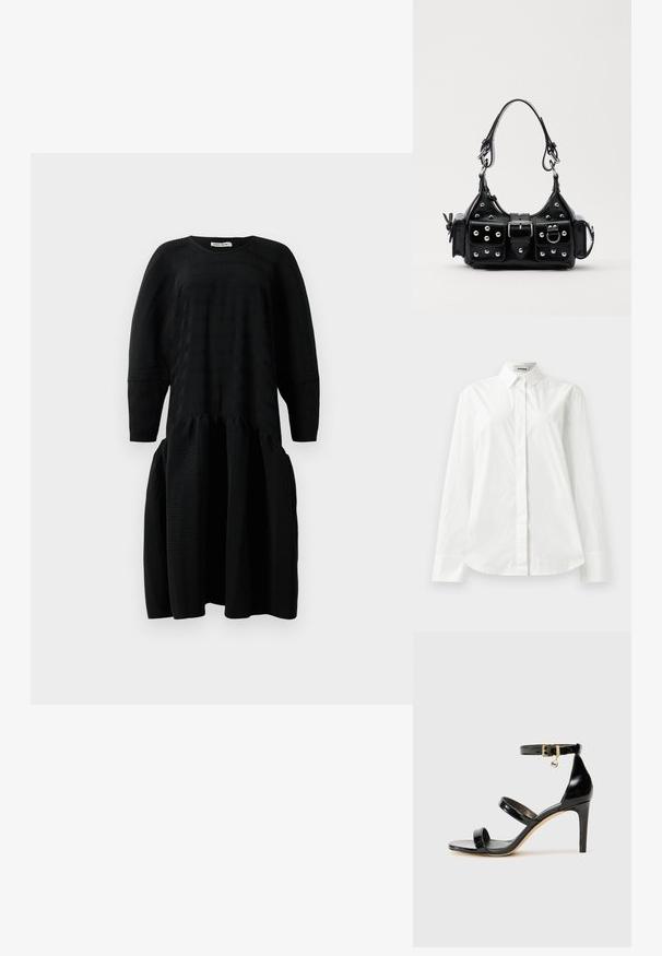 Fekete, textúrált midi ruha hosszú ujjakkal, ráncolt derékkal és kerek nyakkivágással, fehér háttér előtt bemutatva.; Fehér pamut hosszú ujjú ing, hegyes gallérral, gombos elülső záródással és lekerekített szegéllyel. Sima textúra, normál szabás és minták nélkül.; Fekete lakk bőr szandál három pánttal, bokapánttal és 10 cm magasságú tűsarokkal. Arany színű részletekkel és logó charm-mal rendelkezik.; Fekete bőr kézitáska ívelt designnal, ezüst szegecsekkel, csattal és két oldalsó zsebbel. Állítható vállpánt a hordozási lehetőségekhez.