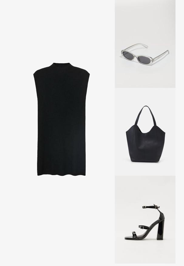 Svart ärmlös tunika med hög hals, mjukt tyg, lös passform och rak silhuett. Nederkanten är lätt rundad.; Svarta lackerade klacksandaler med fyrkantig tå, ankelremmar och silverfärgade spännen. Har en kraftig blockklack för stabilitet.; Sunglasses med oval form, klar plastbygel, mörkgrå linser och tunna genomskinliga armar med logotypsaccent och minimalt detaljerad design.; Svart tote-väska i slät läder, med en böjd, öppen topp, två axelremmar och en minimalistisk design.