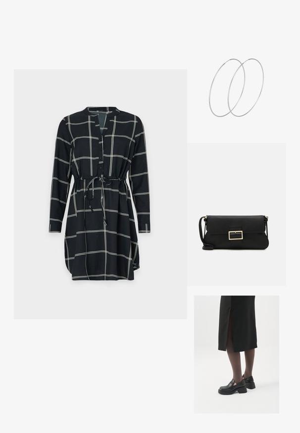 Čierne šaty s mriežkovým vzorom v bielej farbe, dlhými rukávmi, zapínaním na gombíky a opaskom na nastaviteľné prispôsobenie. Hladká textúra látky.; Čierne kožené topánky s okrúhlou špičkou, silným blokovým opätkom a elastickými bočnými akcentmi, skombinované s tmavými pančuchami a čiernou sukňou so štiepením.; Čierna kožená clutch taška s klopou a zlatým kovovým detailom s prackou. Obsahuje čierny remienok a elegantný, minimalistický dizajn.; Strieborné kruhové náušnice s minimalistickým dizajnom. Cirkulárny tvar, hladký povrch a tenký profil. Ľahké s lesklým povrchom.