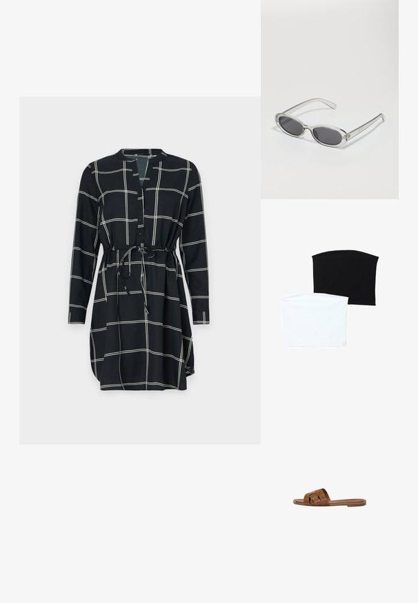 Svart klänning med ett rutmönster i vitt, långa ärmar, knäppning framtill och midjebälte för justerbar passform. Slät tygkvalitet.; Två sömlösa tubhalsdukar: en svart och en vit. Båda är gjorda av mjukt, elastiskt material och har en slät yta utan mönster.; Brun lädersandaler med korslagda remmar, platt sula och en jämn textur. Enkel design utan utsmyckningar eller mönster.; Sunglasses med oval form, klar plastbygel, mörkgrå linser och tunna genomskinliga armar med logotypsaccent och minimalt detaljerad design.