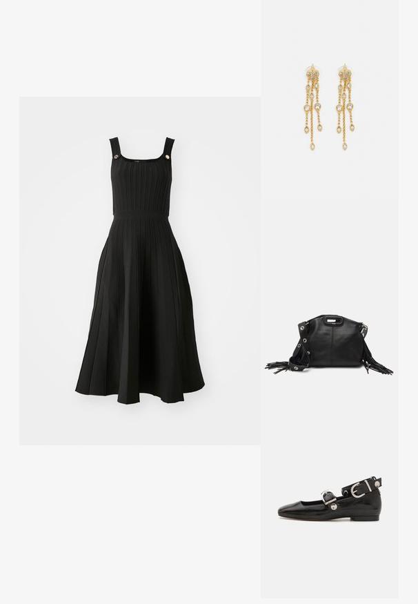 Maje RUPLEATSA czarny; Czarne lakierowane baleriny z kwadratowym noskiem, z paskiem na kostkę z metalowymi elementami w kolorze srebrnym oraz płaską podeszwą. Gładka textura i minimalistyczny design.; Maje - Torba na ramię; Złote kolczyki z wieloma kaskadowymi łańcuszkami, z przezroczystymi owalnymi akcentami z rhinestone'ów oraz ozdobnymi sztyftami.