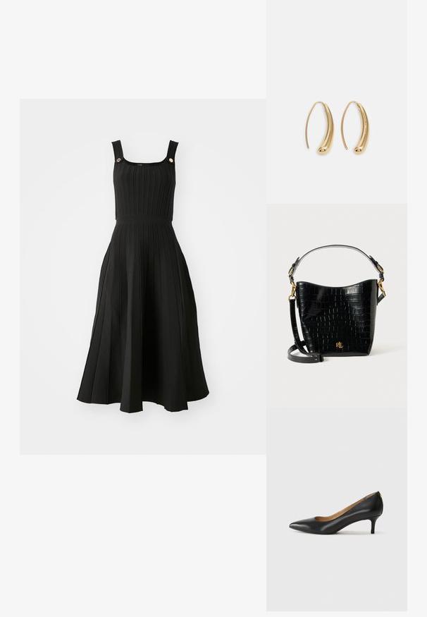 Maje RUPLEATSA - Haljina s naramenicama - noir; Crne kožne cipele s uskim vrhom, niskom petom i glatkom teksturom. Imaju blago otvaranje sprijeda i minimalne metalne detalje straga.; Crna torba od kože s uzorkom krokodila, zakrivljenog oblika, s zlatnim metalnim detaljima, podesivim remenom i logotipom sprijeda.; Zlatne metalne naušnice u obliku obruča s zakrivljenim, izduženim oblikom. Imaju glatku, sjajnu površinu i zaobljeni vrh za dodatni detalj.