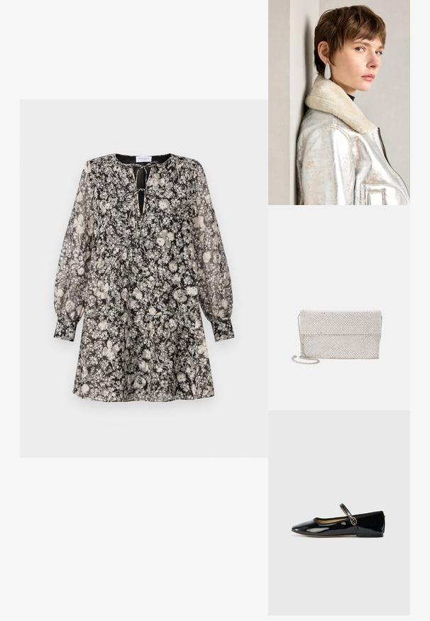 Fekete-fehér virágminta ruha hosszú, puffos ujjakkal, kerek nyakkivágással és megkötős részlettel; az anyag könnyűnek és áttetszőnek tűnik.; Fekete lakkbőr lapos cipő hegyes orral és karcsú csattal világosszürke háttér előtt.; Ezüst hálós clutch táska textúrált, szőtt mintázattal, hajtótetővel és levehető lánc pánttal a könnyű hordozhatóság érdekében.; Ezüst fémes bőrkabát, gyapjúgallérral, cipzáros záródással és texturált felülettel. Nagy, csepp alakú fülbevalók átlátszó drágakövekkel.