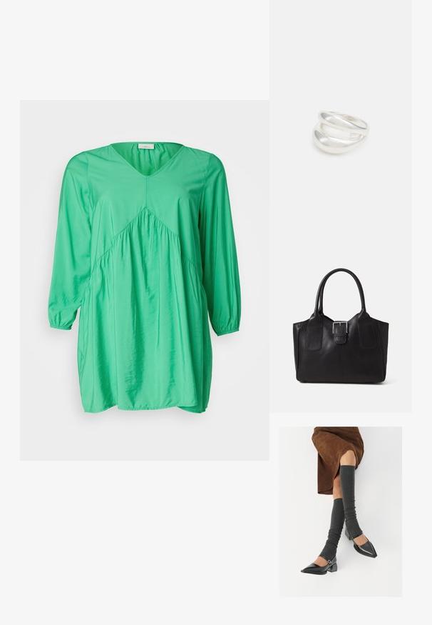 Žalia tunikos suknelė su V formos iškirpte, ilgomis pūstomis rankovėmis, raukšlėmis ir laisvu, srauniu siluetu; pagaminta iš sklandžios, lengvos medžiagos.; Juodi lakuoti odiniai batai su aštriu kuma ir bloko kulnu, derinami su pilkais riebiais kojų šildytuvais ir rudais zomšiniais sijonais.; Juodas odinis nešiojamas krepšys su lygiu paviršiumi, struktūrine forma, dviem rankenėlėmis ir ryškiu sidabriniu sagties akcentu priekyje.; Sidabrinis dvigubas žiedas su lygiu, poliruotu paviršiumi. Pasižymi sklandžiu, kreiptu dizainu su persipinančiomis dalimis, suteikiančiomis modernų išvaizdą.