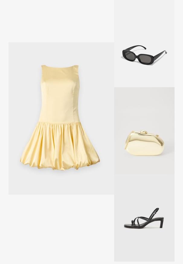 Ujj nélküli, sima anyagból készült sárga ruha, amely testhez simuló felsőrészével és bővülő, redőzött szoknyájával ballon formát kölcsönöz.; Fekete pántos szandál négyzetes orral és alacsony blokk sarkal. Több vékony pánttal és állítható boka pánttal rendelkezik. Sima bőrből készült.; Fekete téglalap alakú napszemüveg sötét lencsékkel. Vastag műanyag keret, sima textúrával és lekerekített élekkel. Stílusos szárak kinyúlnak oldalra.; Fémes arany színű kistáska sima, lekerekített formával, tetején gombos záródással és kis láncfogóval a hordozáshoz.