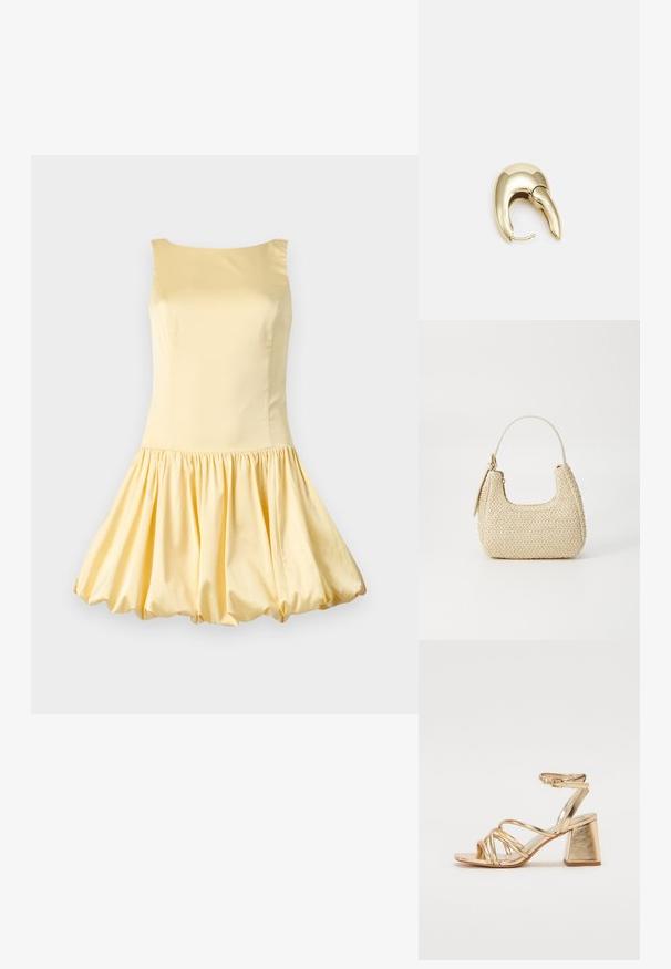 Seljatu käistega kollane kleit, mis on valmistatud siledast kangast, omades istuvat büstiosa ja lokkis seelikut, mis annab sellele õhupalli moodi kuju.; Kuldne metallik kontsandaalid, millel on rihmadega disain, ruudukujuline plokkkonts ja reguleeritav pahkluu rihm klambriga. Sile tekstuur.; Kootud heleda õlgedest käekott kaarjas vormis, lühikese käepideme ja külgseppimisega. Omab tekstuurset pinda ja minimalistlikku disaini.; Kuldtooni metallist kõrvarõngas, millel on elegantne ja kaarjas disain. Omab silmapaistvat teravat kuju, poleeritud pinda ja hingesulgemist.