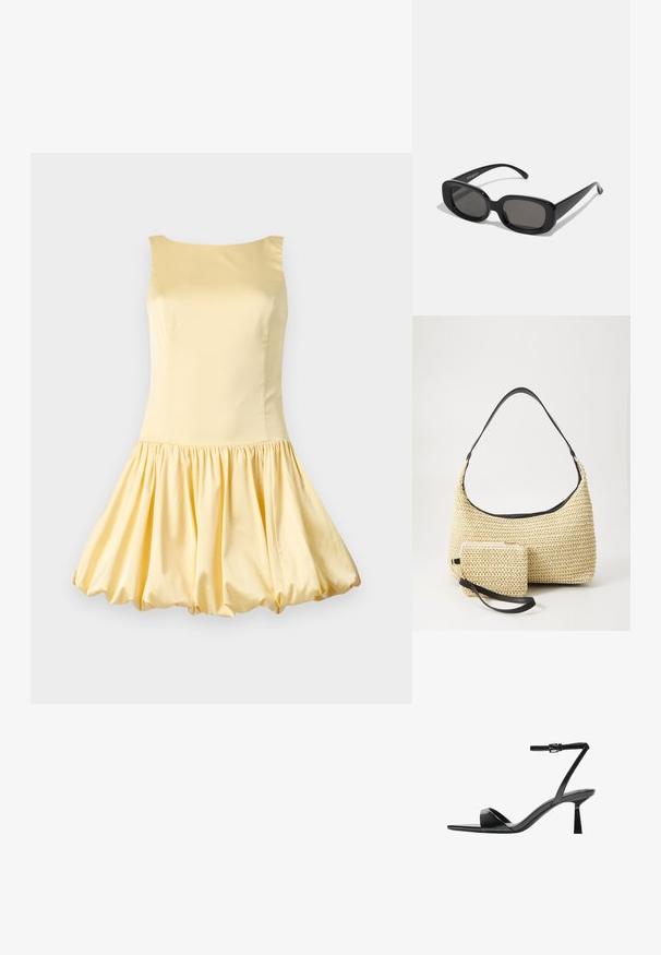Ärmelloses gelbes Kleid aus glattem Stoff, mit einem taillierten Oberteil und einem schwingenden, gerafften Rock für eine ballonartige Form.; Bershka High Heel Sandalette - black; Schwarze rechteckige Sonnenbrillen mit dunklen Gläsern. Dicke Kunststofffassung, glatte Oberfläche und abgerundete Kanten. Modische Bügel verjüngen sich nach außen.; Geflochtene Strohtasche mit geschwungener Silhouette, ausgestattet mit einem glatten schwarzen Ledergriff und einem passenden kleinen Beutel, der mit einem Handgelenkriemen befestigt ist.