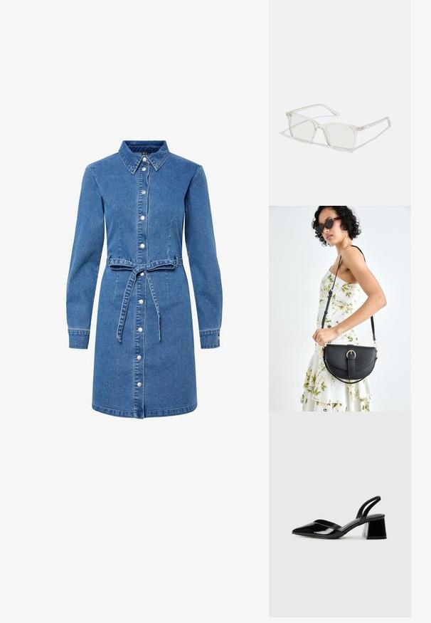 Rochie din denim cu guler, mâneci lungi, închidere cu nasturi în față și curea legată în talie. Are o culoare albastră deschisă și o textură moale.; Pantofi cu toc slingback din piele lacuită neagră, cu vârf ascuțit și toc geometric. Prezintă un design elegant, minimalist și o textură netedă.; Ochelari de vedere cu rame pătrate din plastic transparent, dotate cu lentile translucide și accente aurii pe temple pentru un detaliu suplimentar.; Geantă din piele neagră, cu o formă curbată, curea detașabilă și accesorii aurii. Geanta are un capac cu un detaliu tip cataramă.