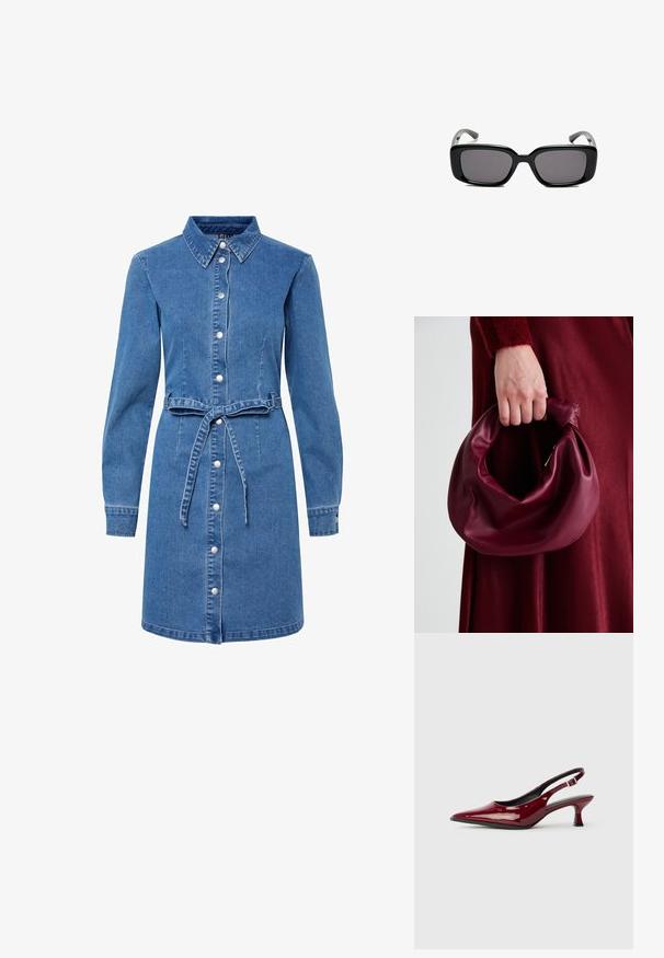 Dżinsowa sukienka z kołnierzykiem, długimi rękawami, zapinana na guziki z przodu oraz z wiązanym paskiem w talii. Charakteryzuje się jasnoniebieskim kolorem i miękką teksturą.; Bordo lakierowane sandały na szpilce z lekko spiczastym noskiem i smukłym obcasem. Otwarta tylna część z regulowanym paskiem na kostkę.; Czarne prostokątne okulary przeciwsłoneczne z ciemnymi soczewkami, gładką plastikową ramką i wygiętymi zausznikami. Projekt jest masywny, o minimalistycznej estetyce.; Bordowa skórzana torebka o miękkim, marszczonym wyglądzie i zaokrąglonym kształcie. Uchwyt jest zabezpieczony, co podkreśla gładką fakturę.