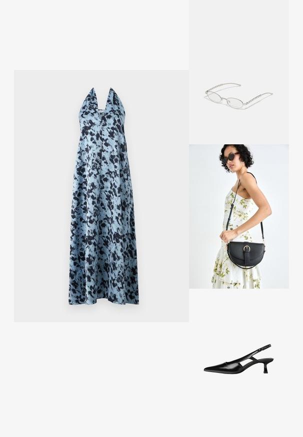 Plava i crna uzorčasta halter maxi haljina s dubokim V-izrezom i slobodnom, lepršavom siluetom, izrađena od laganog materijala.; Crne lakirane natikače na remenčić sa špicastim nosom, dizajnom sa izrezima sa strane i malim kvadratnim potplatom. Glatka tekstura s minimalnim akcentima.; Ovalne naočale s metalnim srebrnim okvirom, prozirnim staklima i teksturiranim bisernim detaljima na krakovima. Lagani dizajn s zakrivljenim krakovima.; Crna kožna torba s lukovitim oblikom, odvojivim remenom i zlatnim detaljima. Torba ima preklop s kopčom.