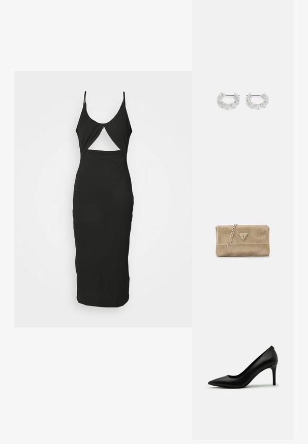 Svart klänning i stretchigt tyg, med justerbara spagettistandard, en urtaget detalj i midjan och en figurnära silhuett.; Svarta högklackade pumps i slätt läder, med spetsig tå och smal stilettklack. Minimalistisk design utan synliga dekorationer.; Guldhandväska med en intrikat pärlstruktur, triangulärt logokant och en metallkedjestrap. Rektangulär form, stilren design.; Silverfärgade hoops örhängen som har klara, rektangulära och triangulära kristaller arrangerade i ett mönstrat design. Stift för säker fastsättning.