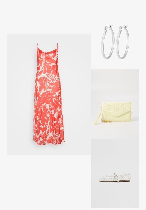 Kvetinové maxi šaty v červenej a bielej farbe s ramienkami na spaghetti, splývavým strihom a jemnou textúrou s nenápadným leskom.; Biele ploché topánky s špicatou špičkou, zdobené striebornými cvočkami, majú pracku cez priehlavok a svetlohnedú podrážku.; Žltý tkaný clutch peňaženka s preklápacím dizajnom, odnímateľným zápästným remienkom a zlatým reťazovým doplnkom. Hladký povrch a obdĺžnikový tvar.; Strieborné kruhové náušnice s hladkým, lesklým povrchom. Kolový tvar a bezpečné klikanie na uzatváranie. Ľahký dizajn vhodný na každodenné nosenie.