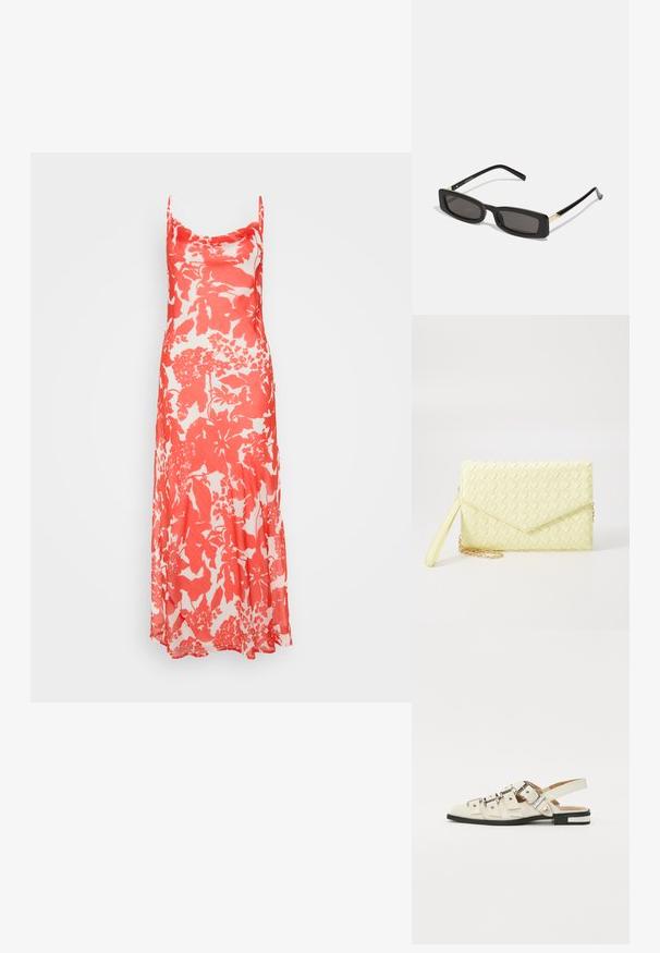 Ziedu maksi kleita sarkanā un baltā krāsā ar spageti siksniņām, plūstošu siluetu un maigu tekstūru ar smalku spīdumu.; Baleta sandalītes baltā ādā ar vairākiem platām siksnām un sudraba sprādzēm; plakana zole ar mazu melnu papēdi un metalizētām akcentiem.; Melnas taisnstūra saulesbrilles ar tumšiem objektīviem, spīdīgām plastikāta rāmēm un zelta akcentiem tempļos. Minimalistisks dizains un eleganta forma.; Dzeltena austs kabata ar atloku dizainu, noņemamu plaukstas siksnu un zeltītu ķēdes akcentu. Gluda tekstūra un taisnstūra forma.