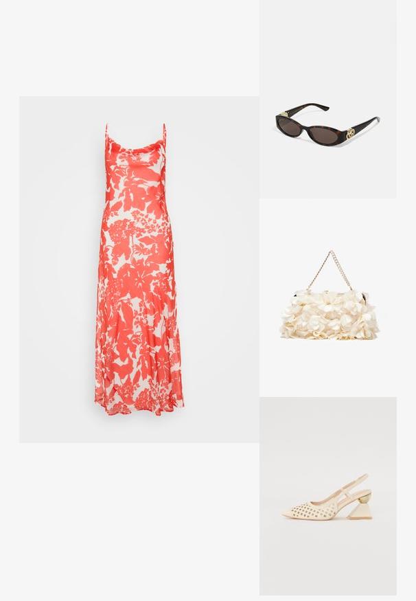 Punane ja valge lillemuster maksikleit, millel on spagetirihmad, voolav siluett ja pehme tekstuur, millel on peen särav viimistlus.; Beige slingback kingad perforatsiooni ülaosaga, terava ninaga ja kontrastse kolmnurkse kandaga, millel on kuldne aktsent. Üldine sile tekstuur.; Kilpkonnakilbi stiilis prillid piklik-ovaalsete läätsede, pruunika tooniga, kuldsete logo aktsentidega templitel ja elegantsed mustad varred.; Valge lilleline käekott, millel on volditud kangapind, kuldne ahelakott ja metallist klamber. Omab tekstureeritud kroonlehti, mis lisab detailidele sügavust.