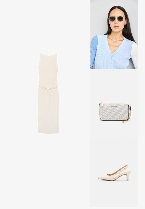 Mouwloze, knie-lange jurk in lichtcrème met een decoratieve riem met ronde versieringen op de taille. Eenvoudig en elegant ontwerp.; Witte slingback hak met een spitse neus, glad bovenmateriaal, lage blokhak en een design met uitsparingen aan de zijkant, voorzien van een verstelbare gespsluiting.; Ronde zonnebrillen met donkere glazen en gouden montuur. Het model draagt een lichtblauwe, geribbelde cardigan met knopen en contrasterende witte mouwen.; Michael Kors polsbandje in beige gecoate canvas met een herhaald MK-logo patroon, gouden hardware en een afneembare kettingriem.