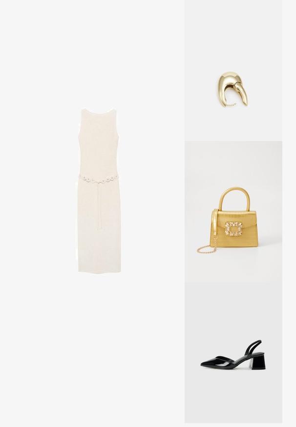 Ärmelloses, knielanges Kleid in hellem Creme mit einem dekorativen Gürtel, der runde Verzierungen in der Taille hat. Einfaches und elegantes Design.; Schwarze Lackleder-Slingback-High Heels mit spitzem Schuh und einem geometrischen Blockabsatz. Verfügt über ein schlankes, minimalistisches Design und eine glatte Textur.; Gelbe Kunstleder-Handtasche im Krokodil-Look mit strukturiertem Design, Obergriff, abnehmbarem Kettenriemen und dekorativer Kristallverzierung am Verschluss.; Ohrringe aus goldfarbenem Metall mit einem schlanken, geschwungenen Design. Sie verfügen über eine markante, spitze Form, eine polierte Oberfläche und einen Scharnierverschluss.
