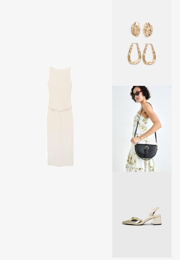Ærmeløs, knælang kjole i lys creme med et dekorativt bælte med runde udsmykninger i taljen. Simpelt og elegant design.; Guld, metalliske slingback-hæle med spids tå og kraftig hæl. Glat tekstur, minimalistisk design og en smal strop.; Sort læderhåndtaske med en buet form, aftagelig rem og guldfinish. Tasken har en klap med en spænde detalje.; Guldtonede øreringe med teksturerede, bølgede former. Inkluderer skulpturelle clips og en åben ringdesign med en hamret finish.