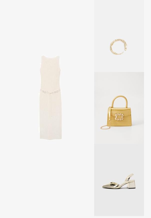 Ærmeløs, knælang kjole i lys creme med et dekorativt bælte med runde udsmykninger i taljen. Simpelt og elegant design.; Guld, metalliske slingback-hæle med spids tå og kraftig hæl. Glat tekstur, minimalistisk design og en smal strop.; Gul faux-krokodille skuldertaske med struktureret design, top-håndtag, aftagelig kædetraske og dekorativ krystaldekoration på låsen.; Guld-tone ring med et organisk, snoet design, glat overflade og affasede ender, hvilket skaber et moderne, skulpturelt udseende.