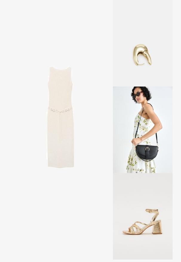 Hihaton, polvimittainen mekko vaalean kermanvärinen, jossa on koristevyö, jossa on pyöreitä koristeita vyötäröllä. Yksinkertainen ja tyylikäs muotoilu.; Kultaiset metalliset korot, joissa on ristikkoasu, neliskanttinen tukevampi korko ja säädettävä nilkkahihna soljella. Melko sileä pinta.; Musta nahkainen käsilaukku, joka on kaareva muotoilultaan, irrotettavalla hihnalla ja kultaisilla yksityiskohdilla. Laukussa on läppä, jossa on solk yksityiskohta.; Kultahipuinen korvakoru, jossa on sulavalinjainen, kaareva muotoilu. Ominaisuuksiin kuuluu erottuva terävä muoto, kiillotettu pinta ja sarana kiinnitys.