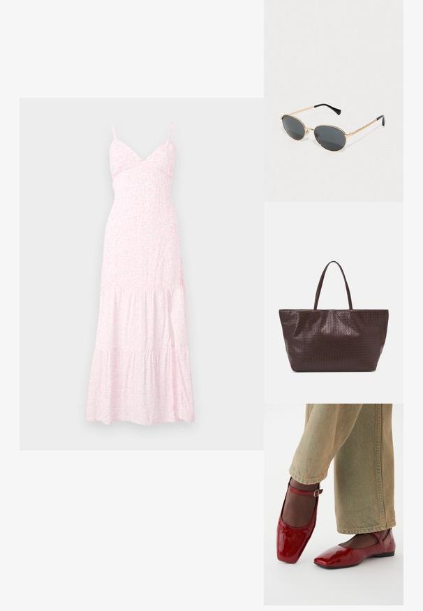 Gaiši rozā ziedu motīvu maximā kleita ar plānām siksnām, pieguļošu augšu un slāņainām volāniem apakšmalā. Izgatavota no mīksta, viegla auduma.; Sarkanie lakota ādas apavi ar kvadrātveida purngalu, zemu papēdi un potītes siksniņu, savienoti ar gaiši zaļiem platiem biksēm. Gluda tekstūra, atstarojoša virsma.; Ovālas saulesbrilles ar tumšiem stikliem, zelta metāla rāmi un pītām zelta malām. Melni gali uz kātiem uzlabo dizainu.; Brūna austs ādas rokassoma ar divām rokturiem, strukturētu formu un teksturētu virsmu, ar diagonālu rakstu visā virsmā.