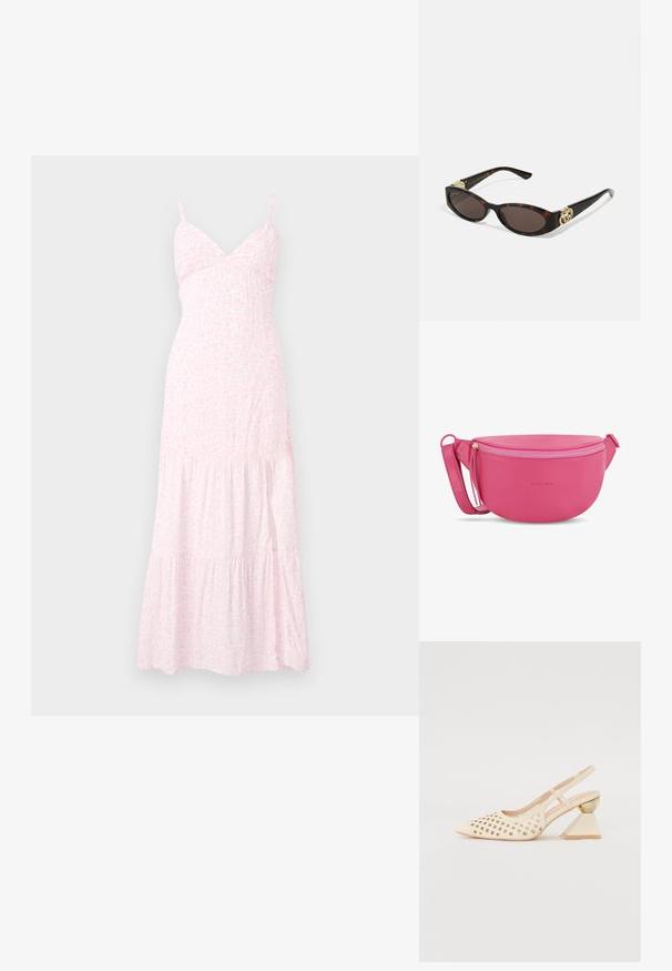 Light pink floral maxi dress with thin straps, a fitted bodice, and tiered ruffles at the hem. Made from soft, lightweight fabric.; Beige slingback shoe with perforated upper, pointed toe, and a contrasting triangular heel featuring a gold accent. Smooth texture overall.; Tortoiseshell sunglasses with elongated oval lenses, brown tint, gold logo accents on temples, and sleek black arms.; Pink leather crossbody bag with a rounded shape, gold zippered closure, and adjustable strap. Features embossed logo on the front.