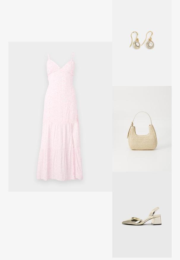 Šviesiai rožinė gėlių maksi suknelė su plonomis petnešomis, prigludusia dideliu, ir sluoksniuotais volanais apatinėje dalyje. Pagaminta iš švelnios, lengvos medžiagos.; Auksiniai, metaliniai slingback aukštakulniai bateliai su smailiu pirštu ir masyviu kulnu. Lygus paviršius, minimalizmo dizainas ir siaura juostelė.; Aukšta pintinė rankinė iš šiaudų, šviesiai rudos spalvos, su išlenkta forma, trumpa rankena ir šoniniu užtrauktuku. Pasižymi tekstūruota paviršiumi ir minimalistiniu dizainu.; Aukso spalvos auskarai su ovalo formos skaidriais kristalais, apjuostais mažesniais skaidriais akmenukais, su kabliuko dizainu, užtikrinančiu saugų dėvėjimą.