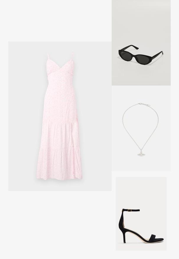 Světle růžové květinové maxi šaty s tenkými ramínky, přiléhavým korzetem a vrstvenými volány na spodním lemu. Vyrobeno z měkké, lehké látky.; Lauren Ralph Lauren ALLIE MID HEEL SUEDE SANDAL - Páskové sandály - black; Černé sluneční brýle s úzkým, kočičím tvarem. Vyrobené z hladkého plastu, s tmavými skly a jemnými logo akcenty na stranách.; Stříbrný náhrdelník s jemným řetízkem a oválným přívěskem, který má složité detaily a malý akcent s drahokamem.
