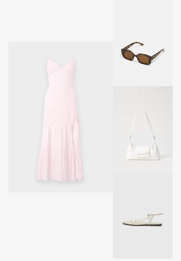 Lyserød blomster maxi-kjole med tynde stropper, en tætsiddende liv og tiered flæser ved kanten. Fremstillet af blødt, letvægtsstof.; Beige flad sandal med flere slanke stropper og en justerbar spænde. Sålen er flad med en let mørkere kontrast ved kanten.; Skildpadde-solbriller med en rund, kraftig ramme og brune linser. Har subtile mønstre og lige, afsmalnende stænger.; Hvid syntetisk håndtaske med en trekantet form, flad forsideklap og sløjfedetalje, justerbar strop, glat tekstur og minimalistisk design.