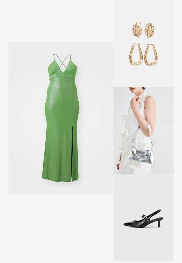 Green, fitted maxi dress with a deep V-neck and crisscross straps. Features a side slit and smooth, shiny fabric texture.; Black patent leather slingback heels with a pointed toe and a small block heel, featuring a silver buckle accent on the strap.; Silver metallic handbag with a structured shape, featuring a top handle and bow detail on the front. Smooth texture, reflective finish.; Gold-tone earrings featuring textured, wavy shapes. Includes sculptural clip-on studs and open hoop design with a hammered finish.