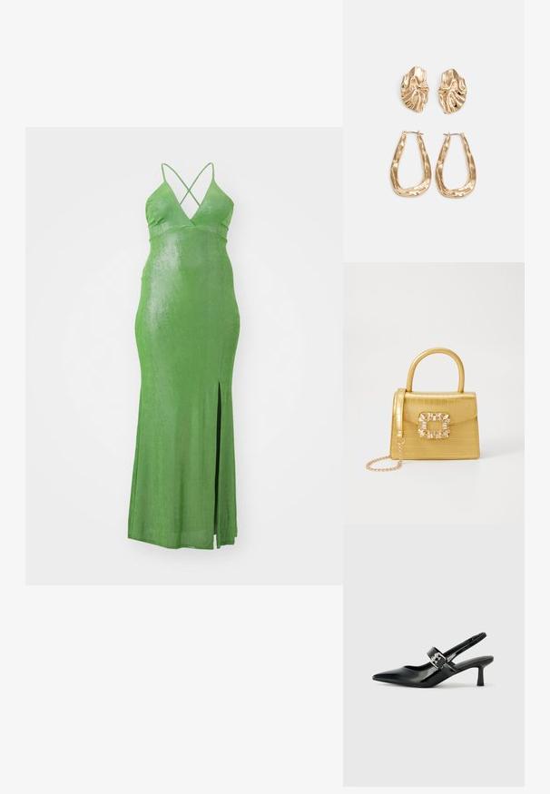 Rochie maxi verde, ajustată, cu decolteu adânc în V și bretele încrucișate. Prezintă o fanta laterală și o textură de material neted și strălucitor.; Sandale cu toc din piele patent neagră, cu vârful ascuțit și un toc mic bloc, având un accent cu cataramă argintie pe curea.; Geantă galbenă din faux-crocodil cu un design structurat, mână superioară, curea detașabilă cu lanț și embellisment decorativ cu cristale pe închidere.; Cercei aurii cu forme texturate și ondulate. Include studs sculpturale cu clip și un design de cerc deschis cu un finisaj cioplit.