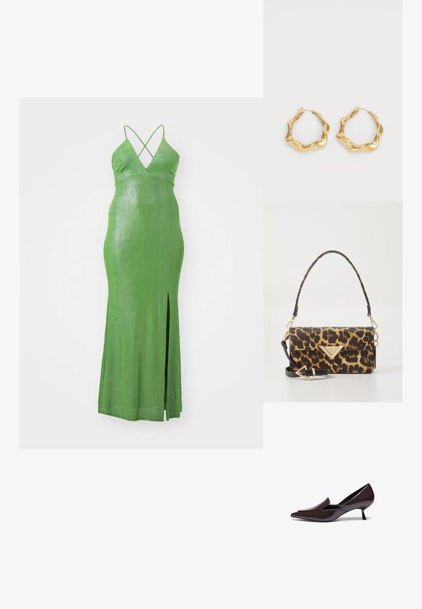 Zelené, priliehajúce maxi šaty s hlbokým výstrihom do V a krížovými ramienkami. Obsahujú bočný rozparok a hladkú, lesklú textúru látky.; Špičaté lodičky v tmavo hnedej lakovej koži s nízkym stiletto podpätkom a elegantným siluetou, s mierne zvýšeným nártom.; Kabelka s leopardím vzorom z texturovanej umelej kože, s zlatým trojuholníkovým detailom a odnímateľným popruhom na rameno.; Zlaté kruhové náušnice s vlnitým, textúrovaným dizajnom. Obsahujú tenké drôtové zapínanie a lesklý, reflexný povrch.