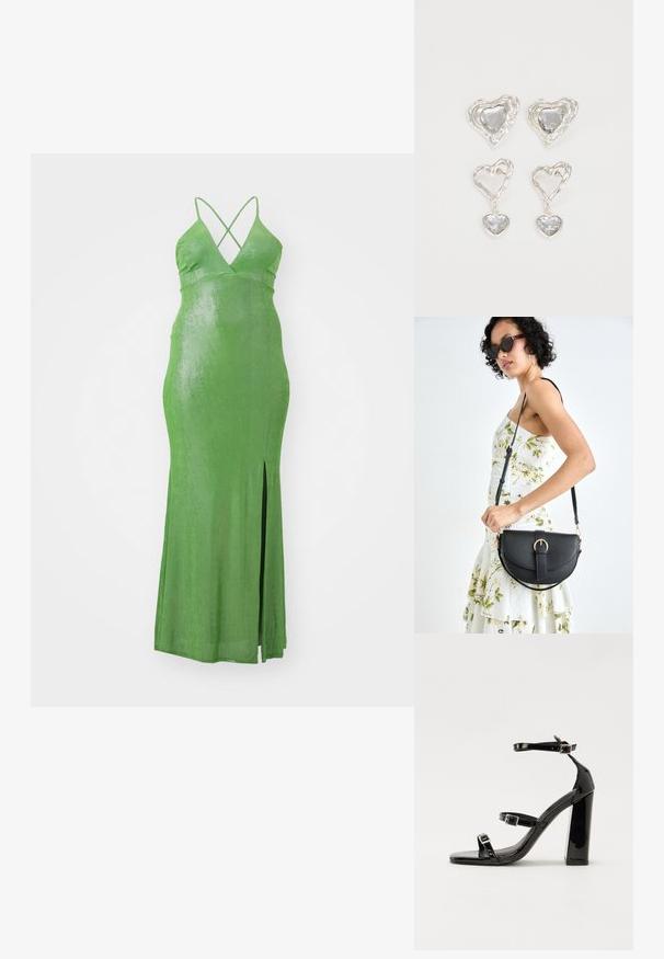 Žalia, prigludusi maxi suknelė su giliu V formos iškirpimu ir kryžminėmis petnešėlėmis. Suknelė turi šoninius įpjovimus ir lygią, blizgią audinio tekstūrą.; Juoda blizgi lakuota basutė su kvadratiniu pirštu, kulkšnies dirželiais ir sidabro sagtimis. Yra tvirta blokinė kulno konstrukcija, užtikrinanti stabilumą.; Juodas odinis krepšys su išlenkta forma, nuimamu dirželiu ir auksiniais detalėmis. Krepšys turi kilpą su sagtimi.; Sidabrinės širdelės formos auskarai puošti facetuotais skaidriais akmenimis, su tekstūruotu rėmu. Rinkinį sudaro tiek auskarai-stud, tiek kabančios formos.