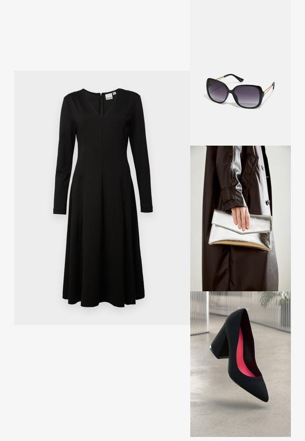 Svart langermet kjole med V-hals, tettsittende liv, utsvingt A-linje skjørt og glidelås bak. Laget av glatt, lett stoff.; Svart høye hæler med spiss tå, teksturert overflate og en livlig rosa innside. Har en kraftig hæl med sølvdetaljer.; Sorte oversized solbriller med gradient linser, tykke rammer og detaljering med gulltonekjede på tempelarmene.; Sølv metallisk clutch med et vinklet konvoluttdesign, glatt tekstur og kontrastfarge på innsiden, holdt i en hånd iført en svart kåpe.