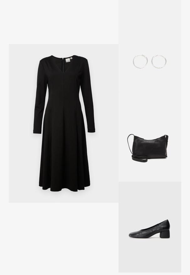 Fekete hosszú ujjú ruha V-nyakkal, testhez álló felsőrésszel, A-vonalú, bővülő szoknyával és hátul cipzárral. Simább, könnyű anyagból készült.; Fekete bőr magassarkú cipő, lekerekített orral és közepes blokk sarkú. Simább textúrájú, minimális díszítéssel, finom elasztikus nyílással.; Fekete bőr válltáska sima felülettel, ívelt formával, állítható pánttal és cipzáras záródással. Minimalista dizájn díszítmények nélkül.; Ezüst karika fülbevalók, letisztult, kerek formával, sima felülettel és látható díszítés nélkül. A átmérő nem megadott.
