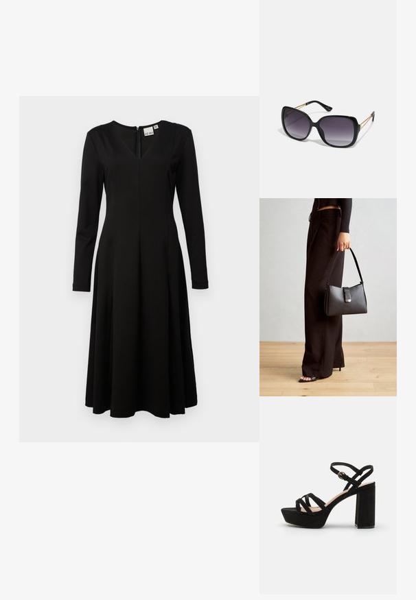 Musthave musta pikkade varrukatega kleit V-kaelusega, sobiva bodice'iga, flareeritud A-lõikega seelikuosa ja tagumise tõmblukuga. Koosneb siledast, kergest kangast.; Mustadest sametist platvormsandaalid, millel on plokknina, ristuvad rihmad ja lukustatav pahkluu rihm turvaliseks sobivuseks.; Mustad ümarad päikeseglaasid, millel on gradient objektiivid, paksud raamid ja kuldse tooni kettaga kaunistused tempelitel.; Must musta kott, millel on struktureeritud kuju, sile tekstuur ja metallist klamber. Kombineeritud laiate mustade pükstega ja avatud varvaste sandaalidega puidust põrandal.