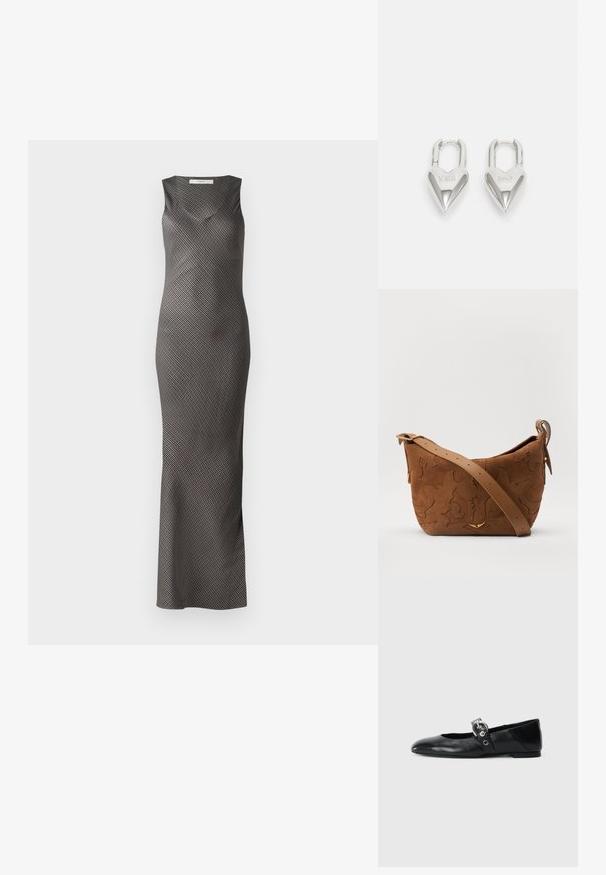 Sort og sølv ærmeløs kjole med en tætsiddende silhuet og diagonale striber. Gulvlængde design med en glat stofstruktur.; Sorte læder balletflade med spids tå, udstyret med en rem med en cirkulær metallisk spænde og en flad sål.; Brun ruskinds skuldertaske med prægede blomsterdesign, suppleret af en glat brun læderrem og akcenter i guldfarvet metal.; Sølv hjerteformede hængelåse med indgraveret "JA" og "NEJ" tekst, poleret finish, symmetrisk design og en robust metalklap.