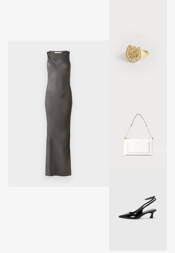 Rochie fără mâneci, neagră și argintie, cu o siluetă ajustată și un model cu dungi diagonale. Design până la podea, cu o textură a materialului neted.; Cizme cu toc slingback din piele patent neagră, cu vârf ascuțit, toc mic și curea reglabilă la glezna cu o cataramă aurie.; Geantă de mână din piele albă cu un finisaj texturat, având o curea din lanț aurie și accente negre. Include un buzunar frontal și închidere cu fermoar.; Inel de aur cu un design în formă de coroană în interiorul unei potcoave, decorat cu mici pietre clare, pe un fundal alb.