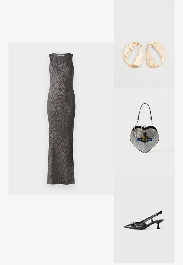 Robe sans manches noire et argentée avec une silhouette ajustée et un motif de rayures diagonales. Conception longue jusqu'au sol avec une texture de tissu lisse.; Chaussure slingback en cuir noir avec un bout pointu, des sangles décoratives avec œillets en métal et un petit talon carré. Surface texturée.; Sac à main en forme de cœur en maille avec une finition métallique, présentant un design de chat et de planète en bleu, jaune et rouge. Comprend une bandoulière en chaîne.; Une paire de boucles d'oreilles en métal doré, de forme ovales irrégulières, avec une surface texturée et légèrement martelée sur fond blanc.