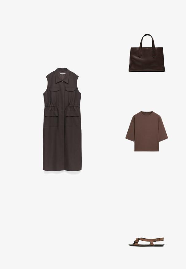 Bruine mouwloze jurk met een kraag, twee borstzakken, een trekkoord in de taille en een volledige lengte silhouet. Glad stof met een matte textuur.; Bruine cropped t-shirt met een ronde halslijn, korte mouwen en een zachte textuur. Ontworpen met een losse pasvorm en minimale details.; Bruine leren sandaal met een open teen en zijuitsparingen. Voorzien van een enkelband met een metalen gesp en een platte zool.; Bruine leren tote bag met twee verlengde handvatten, gestructureerde rechthoekige vorm, gladde textuur en subtiele stiksels.